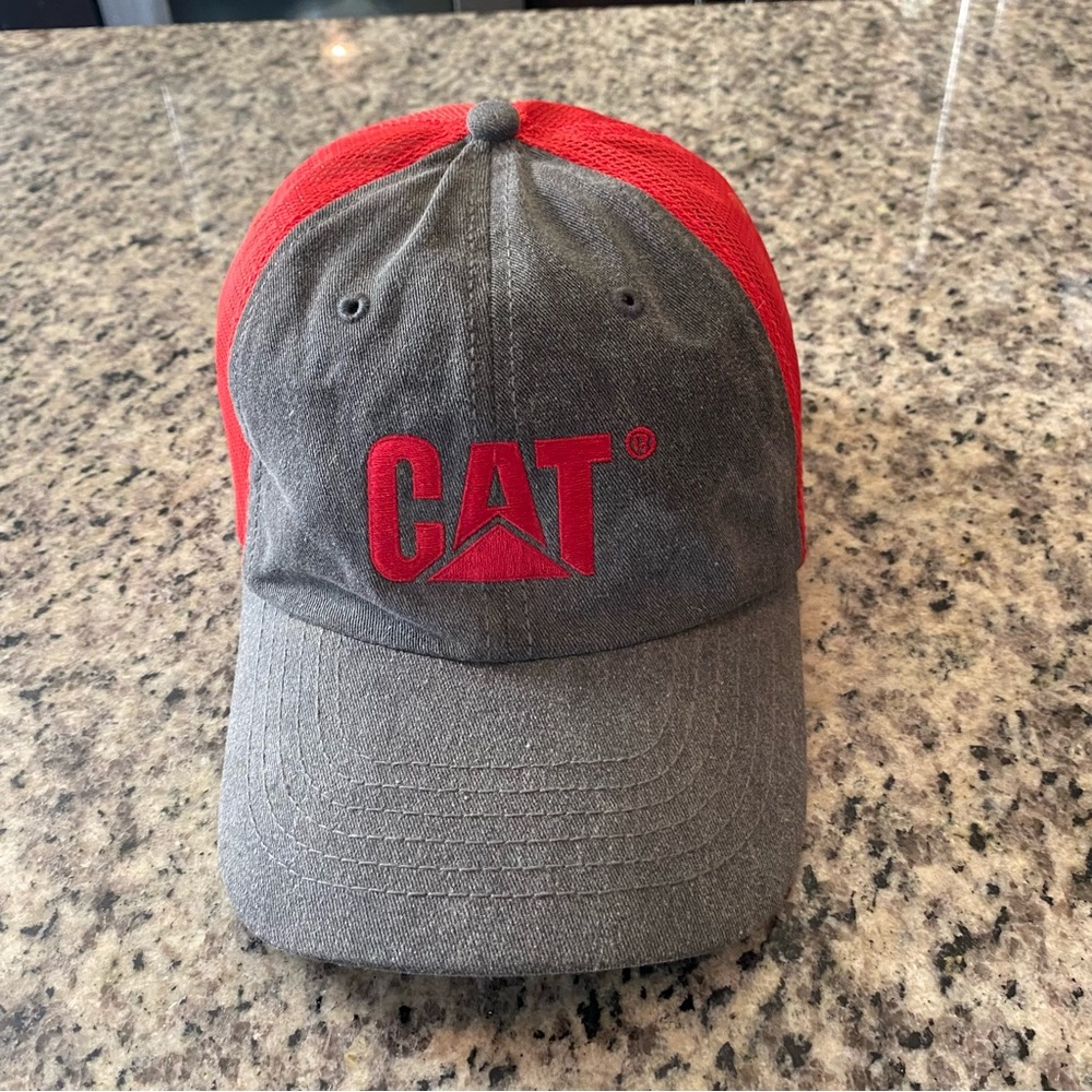 CAT Spell Out Trucker Cap/Hat Red/Grey Embroidered Caterpillar Logo Adj